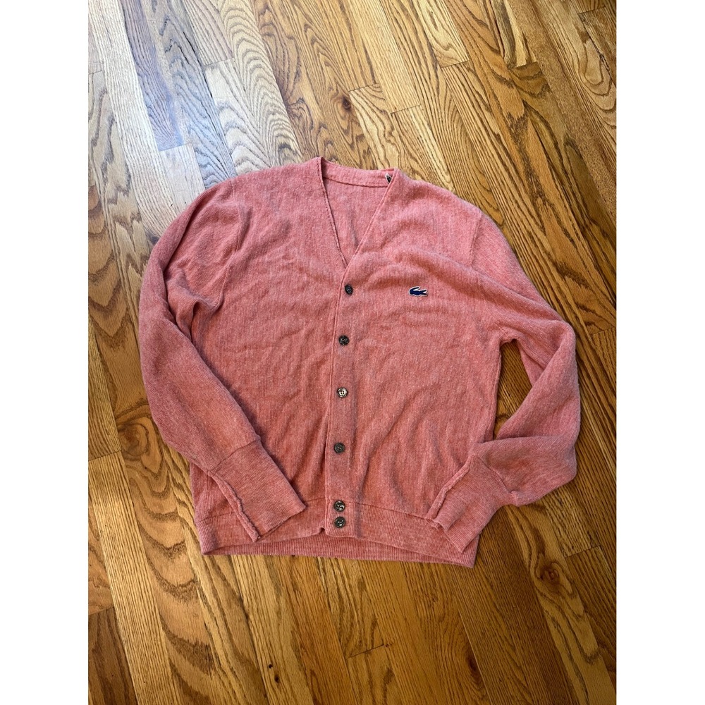 VTG Lacoste Izod Cardigan Sweater Mens M Salmon Pink Orlon V-Neck Women L